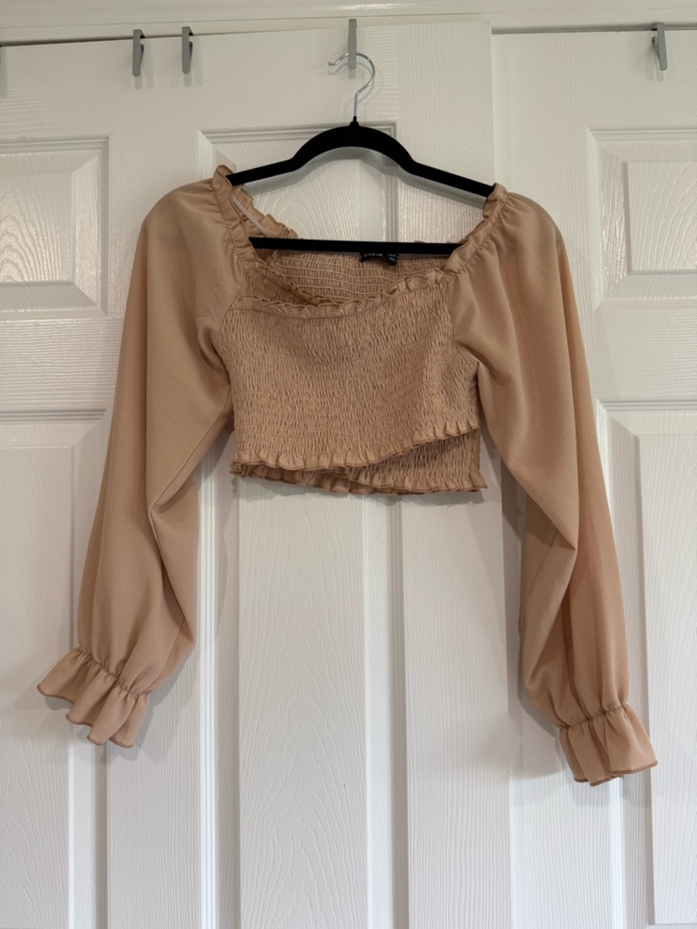 SHEIN Beige Smocked Ruffle Long-Sleeve Crop Top